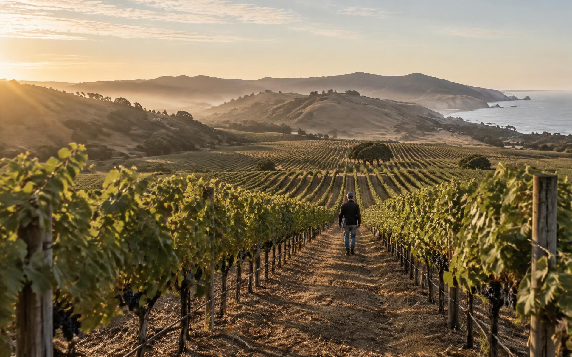 A person walking alone through California vineyard rows at first light